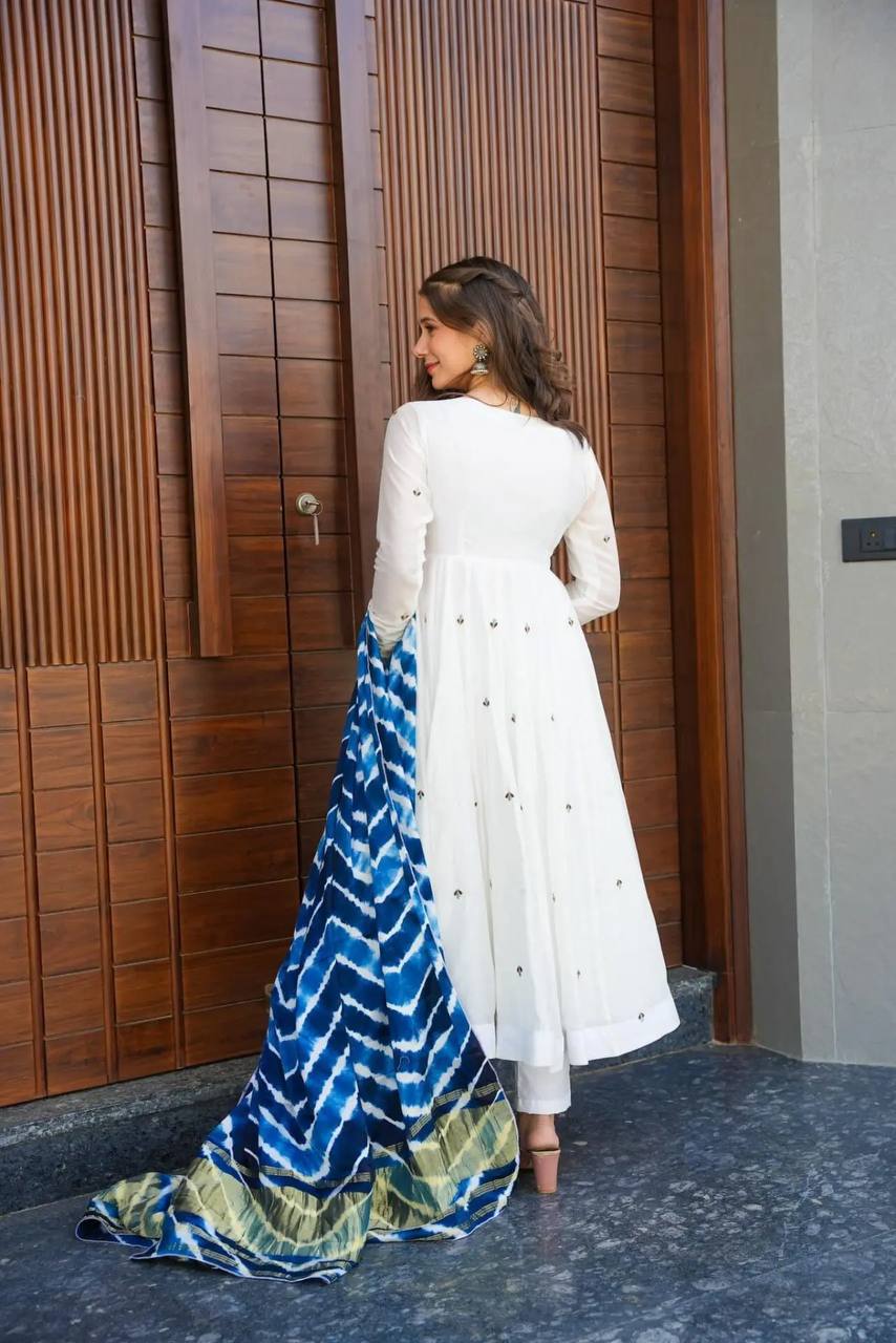Women's White Roman Cotton Embroidered Anarkali Kurta Pant With Dupatta