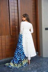Women's White Roman Cotton Embroidered Anarkali Kurta Pant With Dupatta-MED3-TD-6002-WHITE