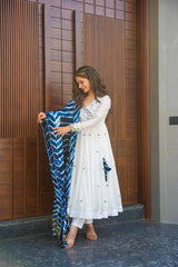 Women's White Roman Cotton Embroidered Anarkali Kurta Pant With Dupatta-MED3-TD-6002-WHITE