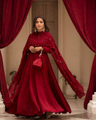 Women's Maroon Roman Cotton Solid Anarkali Kurta Pant With Dupatta-MED3-TD-6003-MARUN
