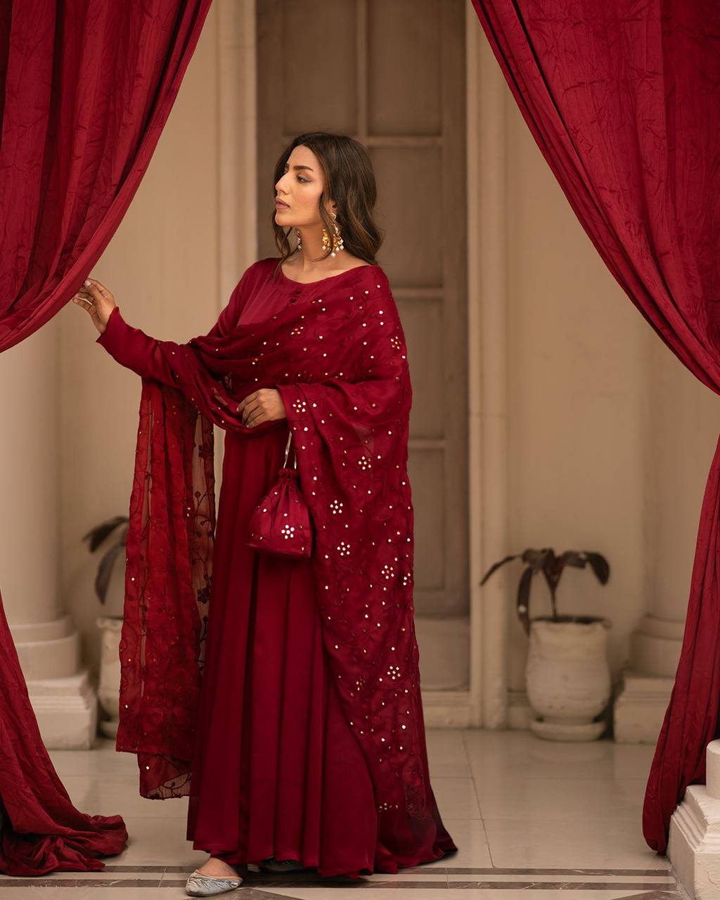Women's Maroon Roman Cotton Solid Anarkali Kurta Pant With Dupatta