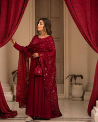 Women's Maroon Roman Cotton Solid Anarkali Kurta Pant With Dupatta-MED3-TD-6003-MARUN