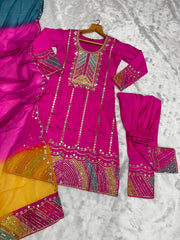 Women's Pink Roman Cotton Embroidered Straight Kurta Pant With Dupatta-MED3-TD-6004-PINK