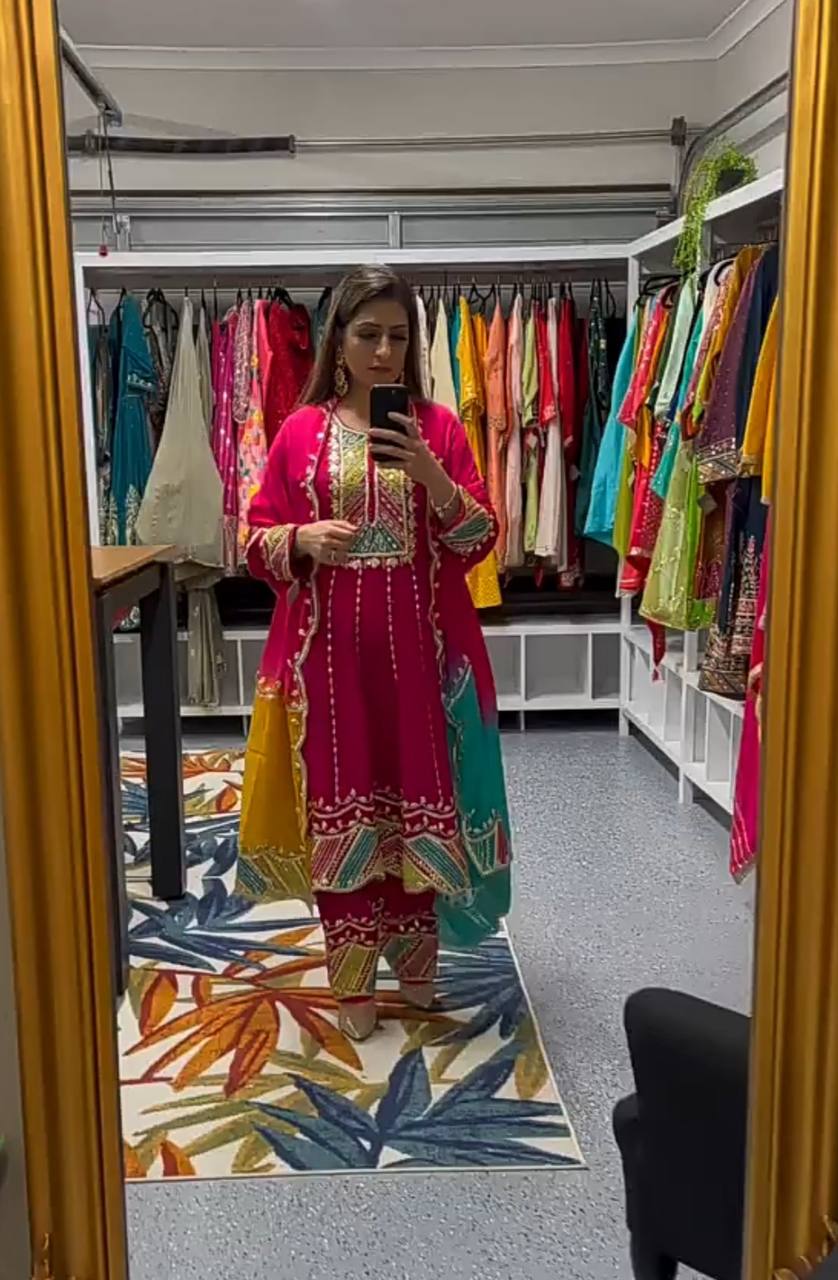 Women's Pink Roman Cotton Embroidered Straight Kurta Pant With Dupatta