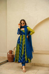 Women's Blue Organza Digital Print Anarkali Kurta Pant With Dupatta-MED3-TD-6007-BLUE