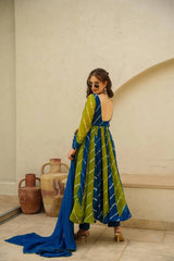 Women's Blue Organza Digital Print Anarkali Kurta Pant With Dupatta-MED3-TD-6007-BLUE