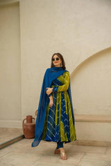Women's Blue Organza Digital Print Anarkali Kurta Pant With Dupatta-MED3-TD-6007-BLUE