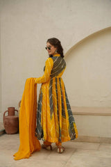 Women's Yellow Organza Digital Print Anarkali Kurta Pant With Dupatta-MED3-TD-6007-YELLOW