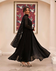 Women's Black Roman Cotton Solid Anarkali Kurta Pant With Dupatta-MED3-TD-6008-BLACK