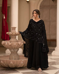 Women's Black Roman Cotton Solid Anarkali Kurta Pant With Dupatta-MED3-TD-6008-BLACK