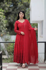 Women's Maroon Georgette Embroidered Anarkali Kurta Pant With Dupatta-MED3-TD-6009-MARUN
