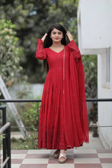 Women's Maroon Georgette Embroidered Anarkali Kurta Pant With Dupatta-MED3-TD-6009-MARUN