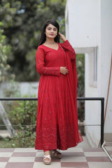 Women's Maroon Georgette Embroidered Anarkali Kurta Pant With Dupatta-MED3-TD-6009-MARUN