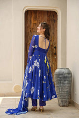 Women's Blue Georgette Digital Print Anarkali Kurta Pant With Dupatta-MED3-TD-6011-BLUE