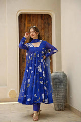 Women's Blue Georgette Digital Print Anarkali Kurta Pant With Dupatta-MED3-TD-6011-BLUE