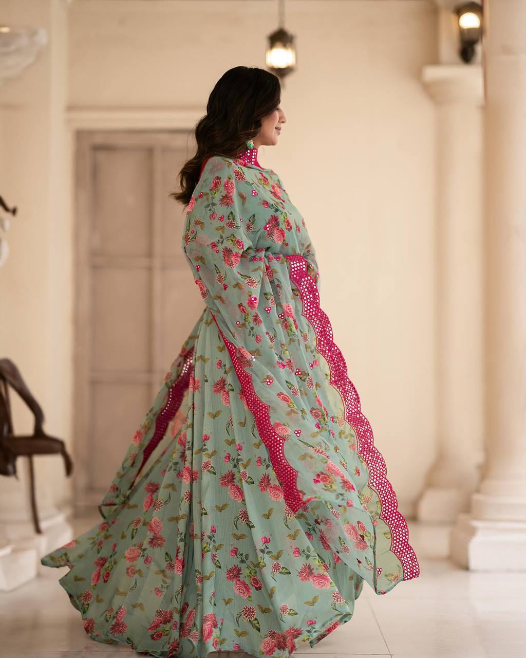 Women's Pista Chinon Digital Print Anarkali Kurta Pant With Dupatta