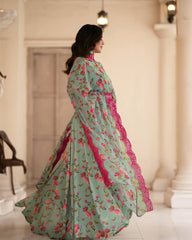 Women's Pista Chinon Digital Print Anarkali Kurta Pant With Dupatta-MED3-TD-6012-PISTA
