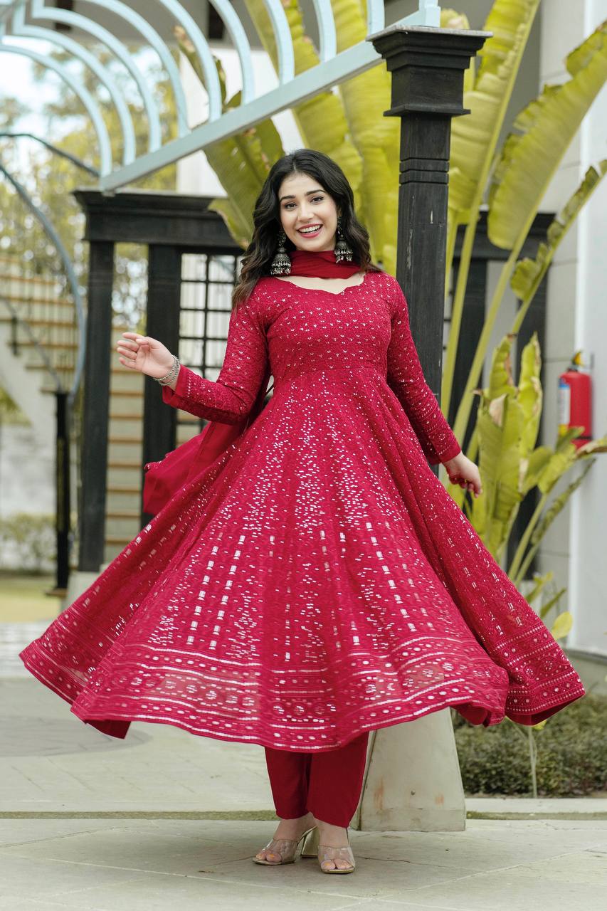 Women's Maroon Faux Georgette Embroidered Anarkali Kurta Pant With Dupatta-MED3-TD-6013-MARUN