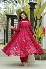 Women's Maroon Faux Georgette Embroidered Anarkali Kurta Pant With Dupatta-MED3-TD-6013-MARUN