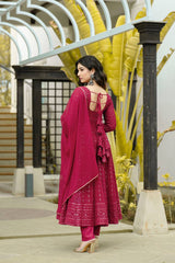 Women's Maroon Faux Georgette Embroidered Anarkali Kurta Pant With Dupatta-MED3-TD-6013-MARUN