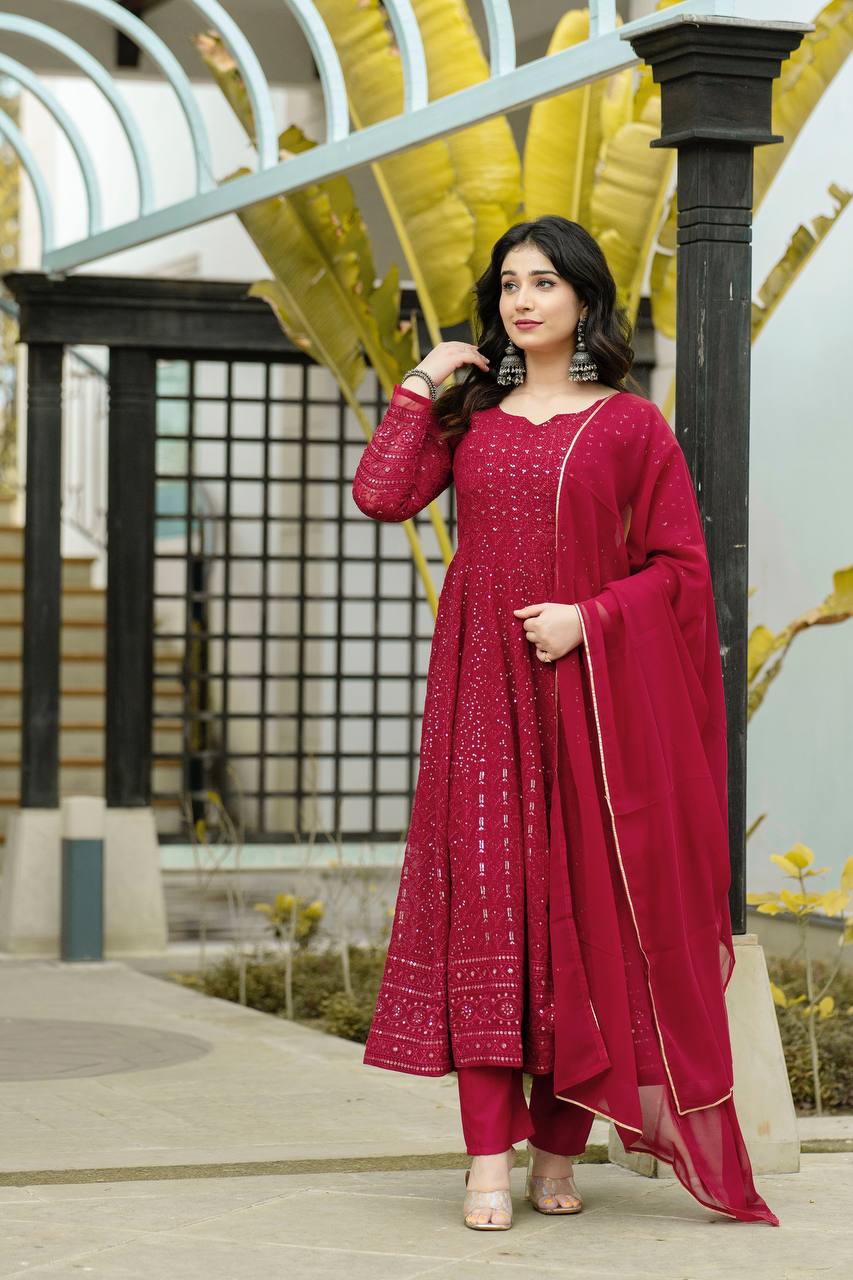 Women's Maroon Faux Georgette Embroidered Anarkali Kurta Pant With Dupatta