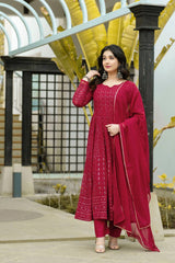Women's Maroon Faux Georgette Embroidered Anarkali Kurta Pant With Dupatta-MED3-TD-6013-MARUN