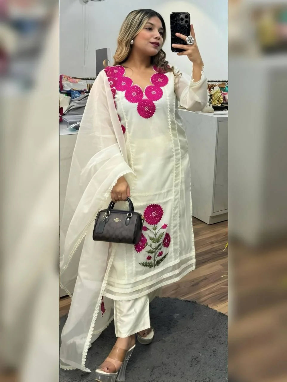 Women's White Faux Georgette Embroidered Straight Kurta Pant With Dupatta