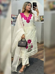 Women's White Faux Georgette Embroidered Straight Kurta Pant With Dupatta-MED3-TD-6014-PINK