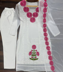 Women's White Faux Georgette Embroidered Straight Kurta Pant With Dupatta-MED3-TD-6014-PINK