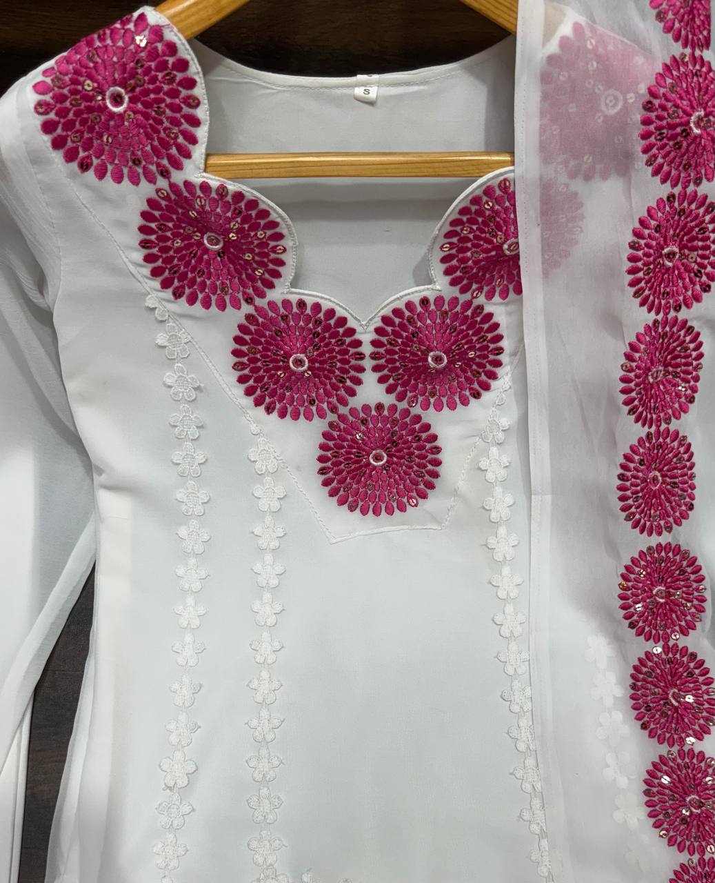 Women's White Faux Georgette Embroidered Straight Kurta Pant With Dupatta