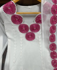 Women's White Faux Georgette Embroidered Straight Kurta Pant With Dupatta-MED3-TD-6014-PINK
