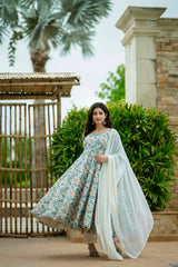 Women's Multi Muslin Printed Anarkali Kurta Pant With Dupatta-MED3-TD-6015-MULTI