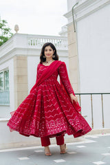 Women's Maroon Faux Georgette Embroidered Anarkali Kurta Pant With Dupatta-MED3-TD-6016-MAROON