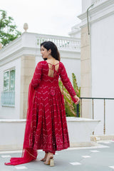 Women's Maroon Faux Georgette Embroidered Anarkali Kurta Pant With Dupatta-MED3-TD-6016-MAROON