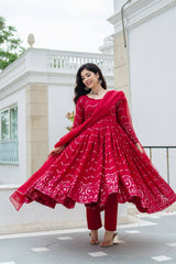 Women's Maroon Faux Georgette Embroidered Anarkali Kurta Pant With Dupatta-MED3-TD-6016-MAROON