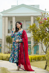 Women's Multi Muslin Printed Anarkali Kurta Pant With Dupatta-MED3-TD-6017-MULTI