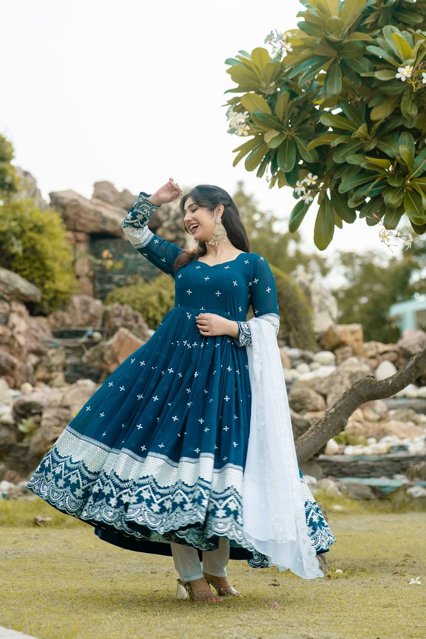 Women's Blue Faux Georgette Embroidered Anarkali Kurta Pant With Dupatta