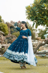 Women's Blue Faux Georgette Embroidered Anarkali Kurta Pant With Dupatta-MED3-TD-6018-BLUE