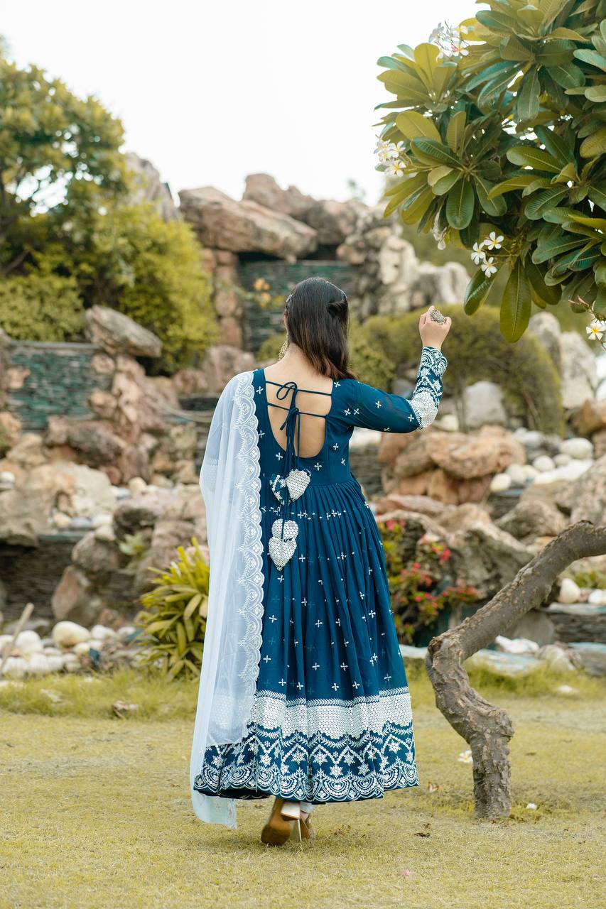 Women's Blue Faux Georgette Embroidered Anarkali Kurta Pant With Dupatta