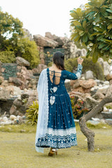 Women's Blue Faux Georgette Embroidered Anarkali Kurta Pant With Dupatta-MED3-TD-6018-BLUE