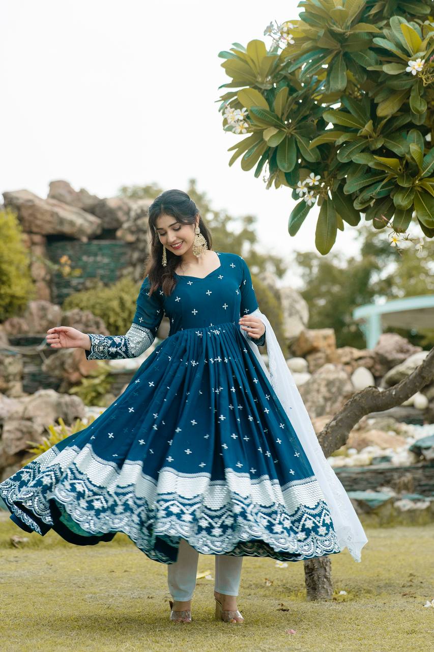 Women's Blue Faux Georgette Embroidered Anarkali Kurta Pant With Dupatta