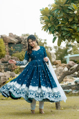 Women's Blue Faux Georgette Embroidered Anarkali Kurta Pant With Dupatta-MED3-TD-6018-BLUE