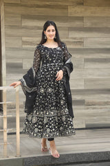 Women's Black Georgette Embroidered Anarkali Kurta Pant With Dupatta-MED3-TD-6019-BLACK