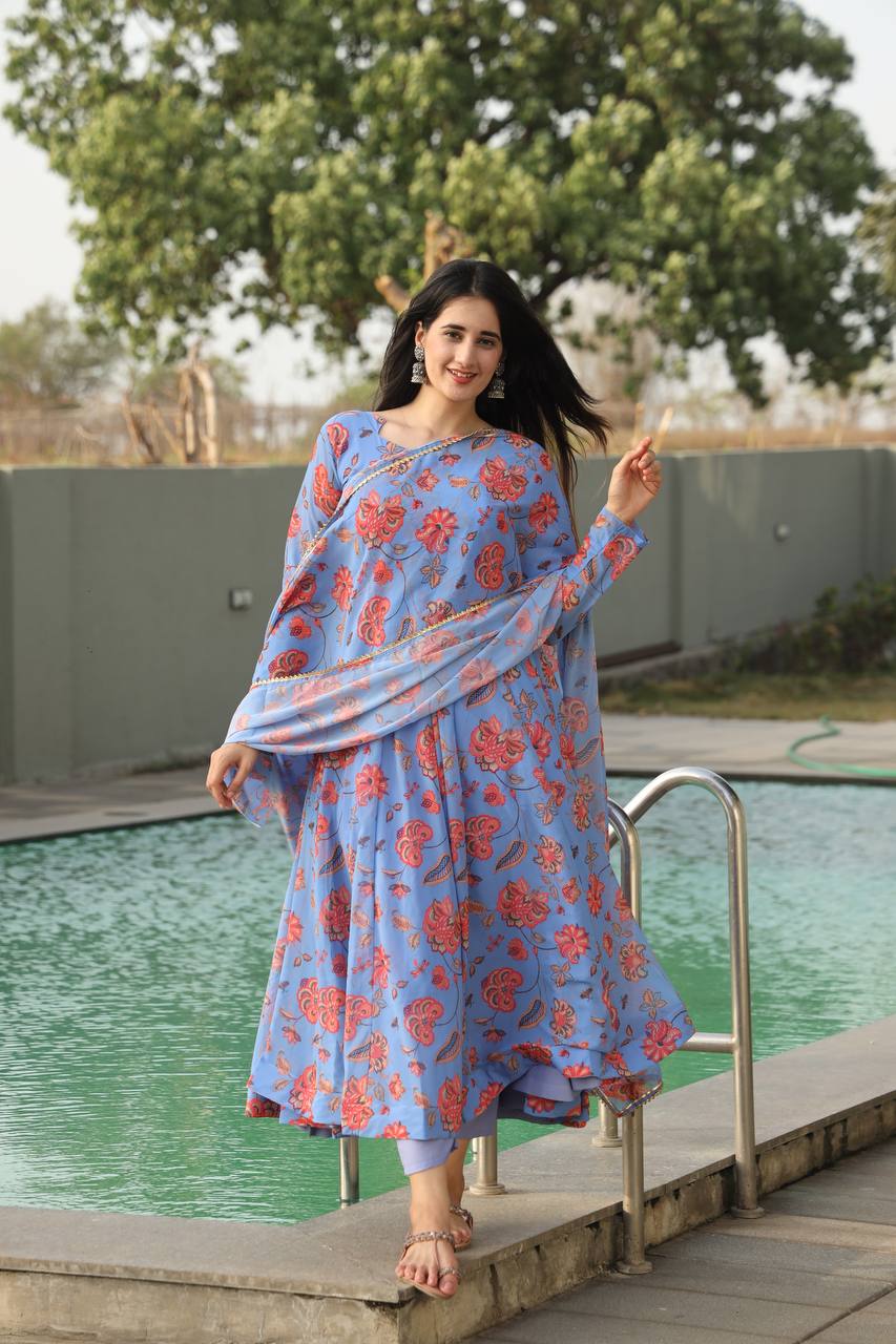 Women's Sky Blue Georgette Digital Print Anarkali Kurta Pant With Dupatta