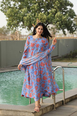 Women's Sky Blue Georgette Digital Print Anarkali Kurta Pant With Dupatta-MED3-TD-6020-SKY
