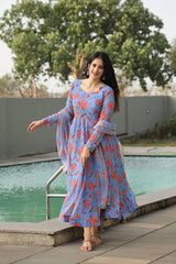 Women's Sky Blue Georgette Digital Print Anarkali Kurta Pant With Dupatta-MED3-TD-6020-SKY