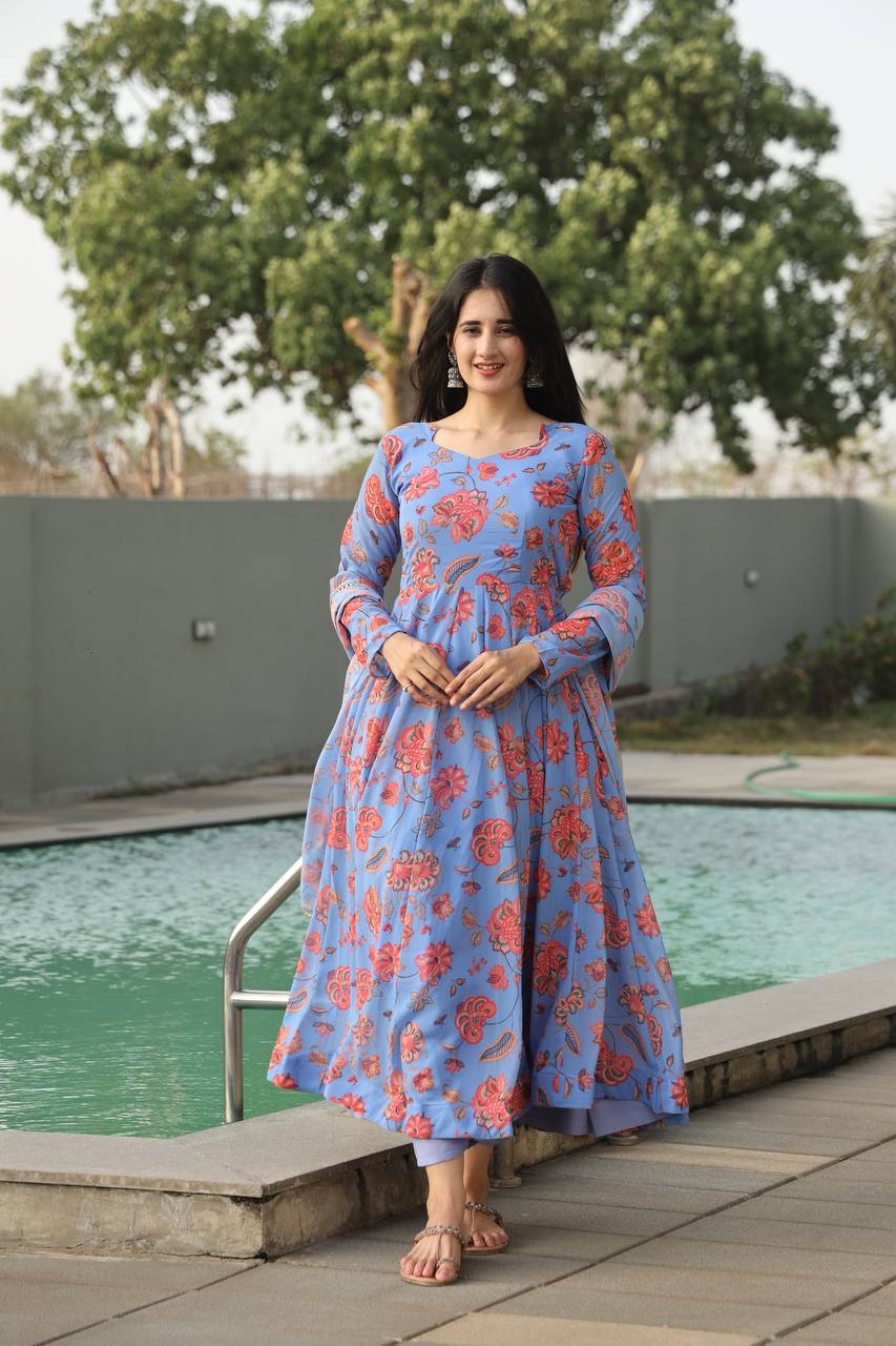 Women's Sky Blue Georgette Digital Print Anarkali Kurta Pant With Dupatta