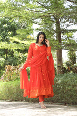Women's Orange Georgette Digital Print Anarkali Kurta Pant With Dupatta-MED3-TD-6021-ORANGE