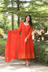 Women's Orange Georgette Digital Print Anarkali Kurta Pant With Dupatta-MED3-TD-6021-ORANGE
