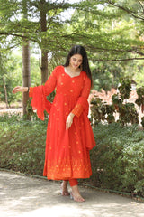 Women's Orange Georgette Digital Print Anarkali Kurta Pant With Dupatta-MED3-TD-6021-ORANGE